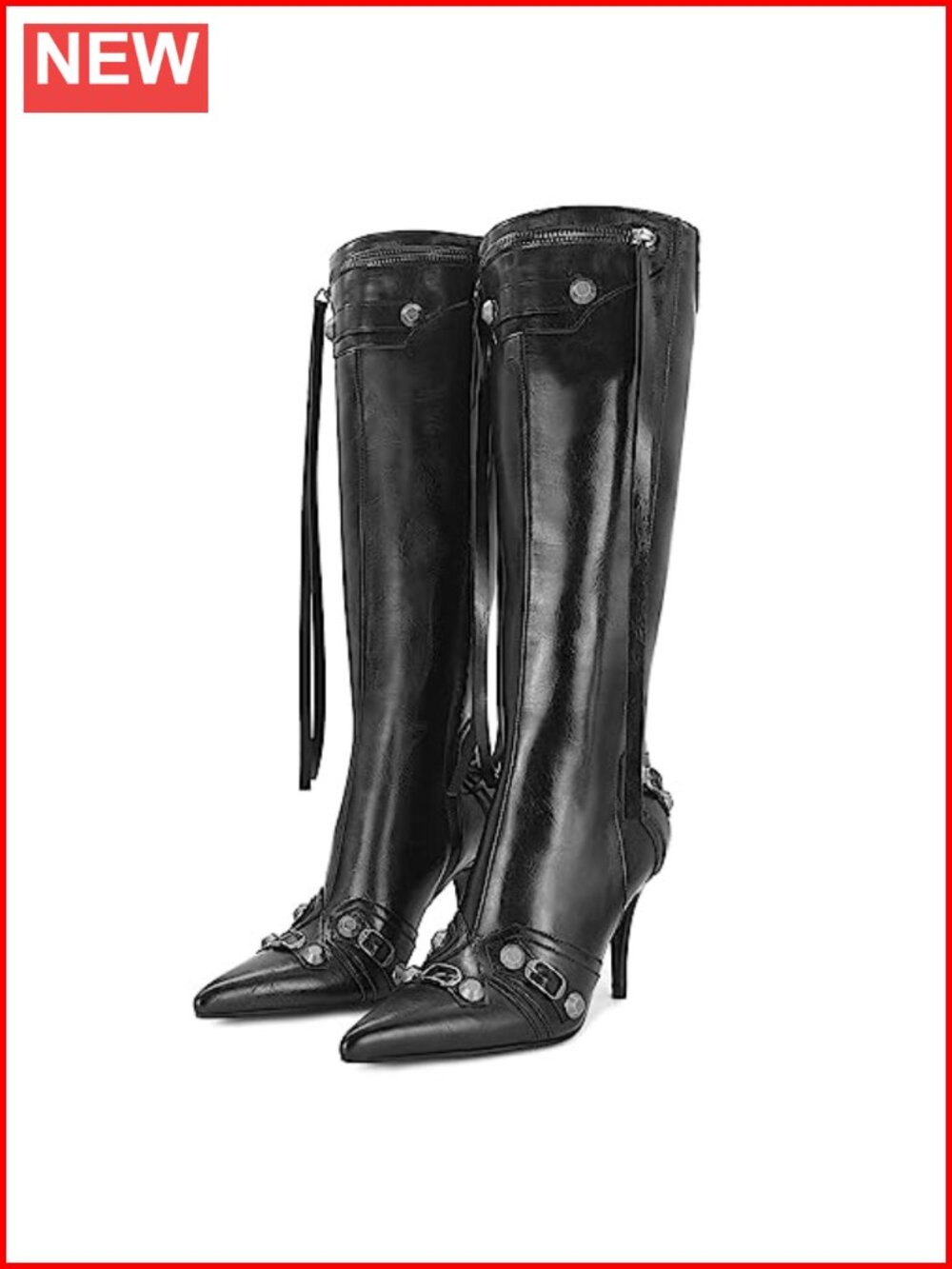 Faux Leather Pointed Toe Stiletto Knee High Boots Zipper Tassel